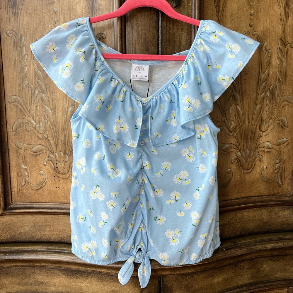 Zara Girls NWT Blue Flower Print Top Ruffle Detail Sz 9
